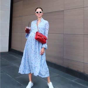 Ganni ice blue georgette dress with red flowers